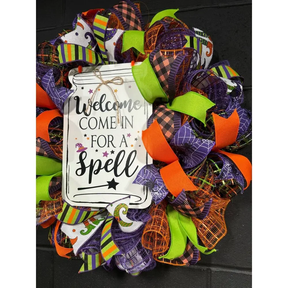 Halloween Witch Wreath Orange Purple Green Deco Mesh Handmade 24 Inch